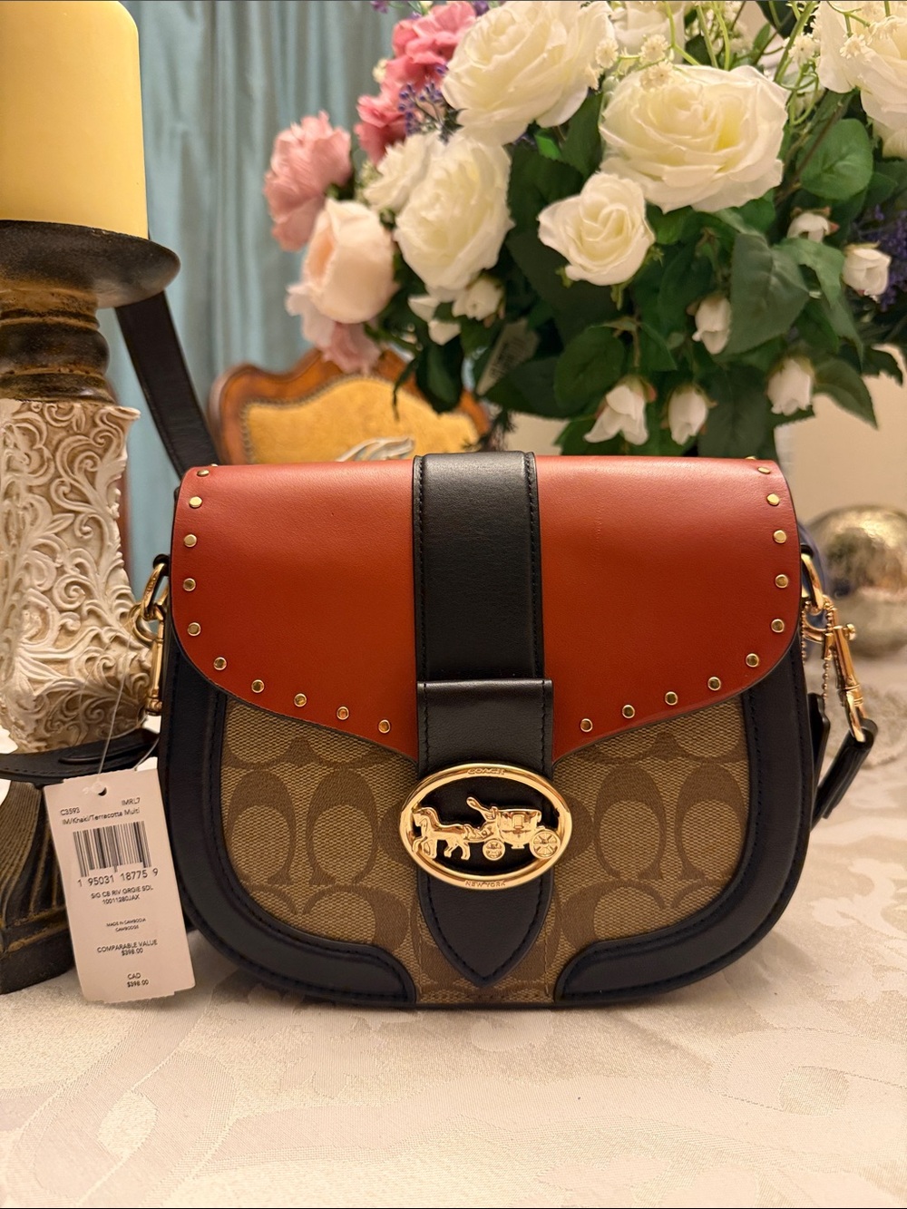 NWT Coach Georgie Saddle Bag in Colorblock and Signature Canvas with Rivets